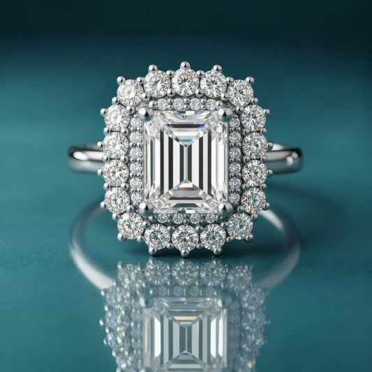 White gold double halo engagement ring with an emerald-shaped center stone