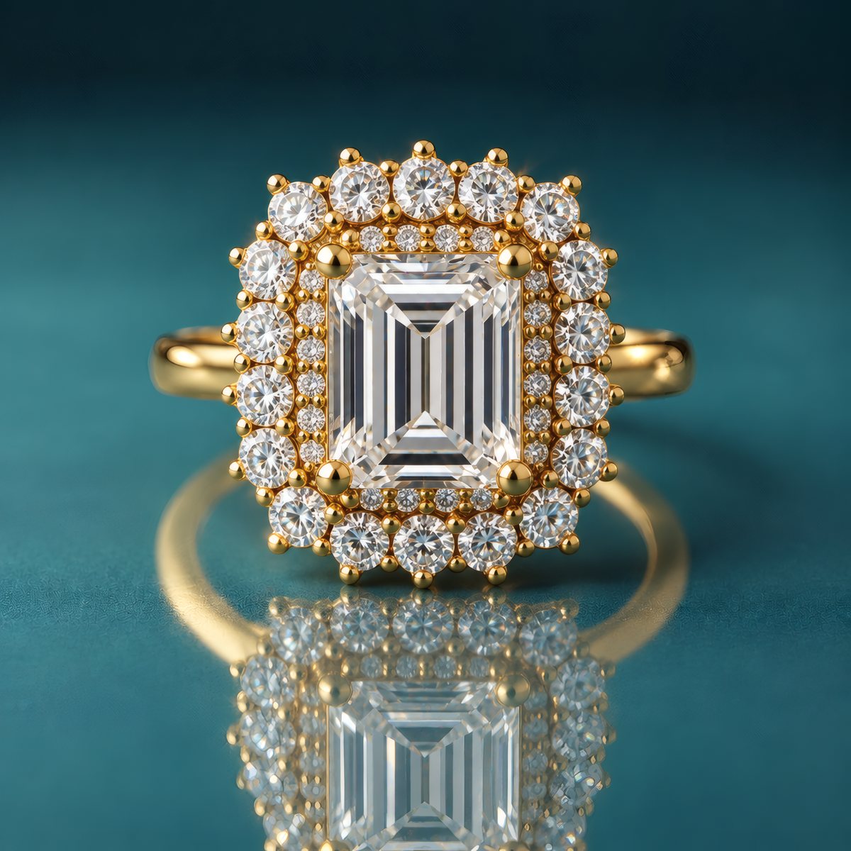 Gold double halo engagement ring with an emerald-shaped center stone