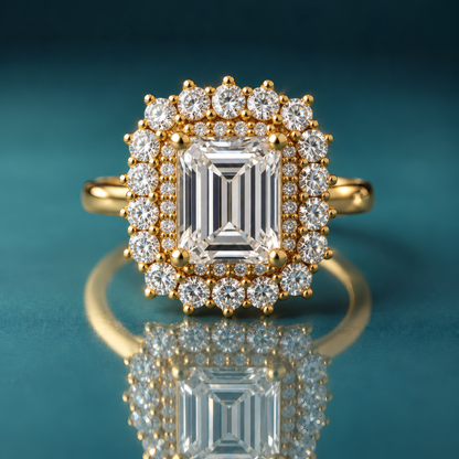 Gold double halo engagement ring with an emerald-shaped center stone