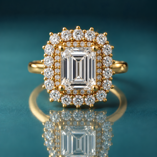 Gold double halo engagement ring with an emerald-shaped center stone
