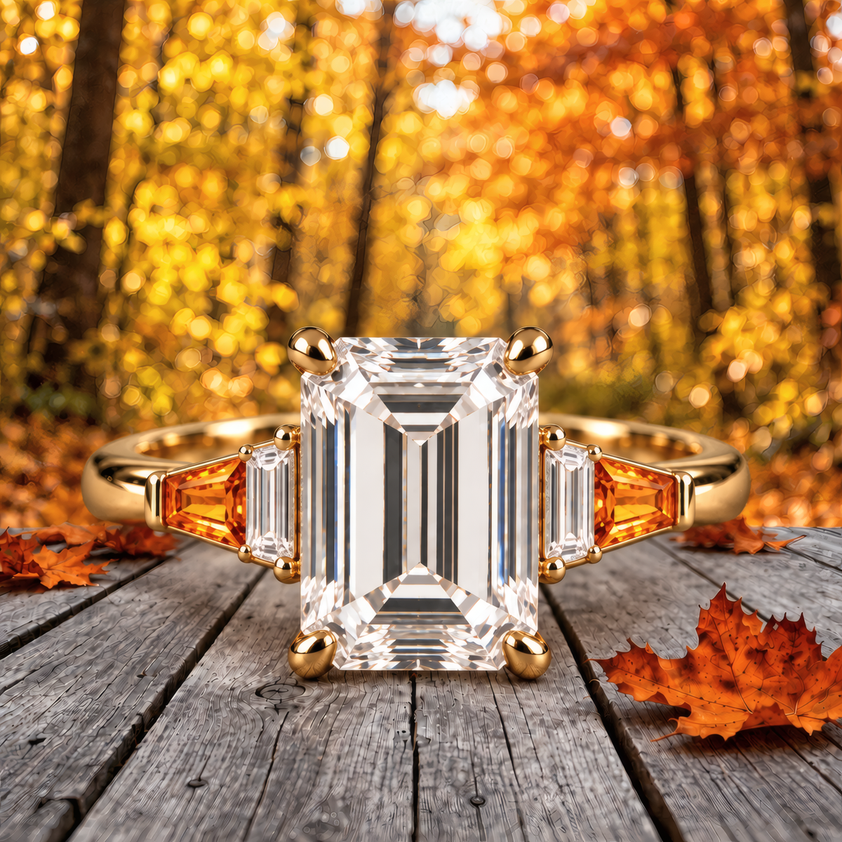 Gold engagement ring with emerald-cut diamond set in four classic prongs, framed by tapered amber baguettes and crisp diamond side stones that step down gracefully to a polished band. In a fall outdoor setting.