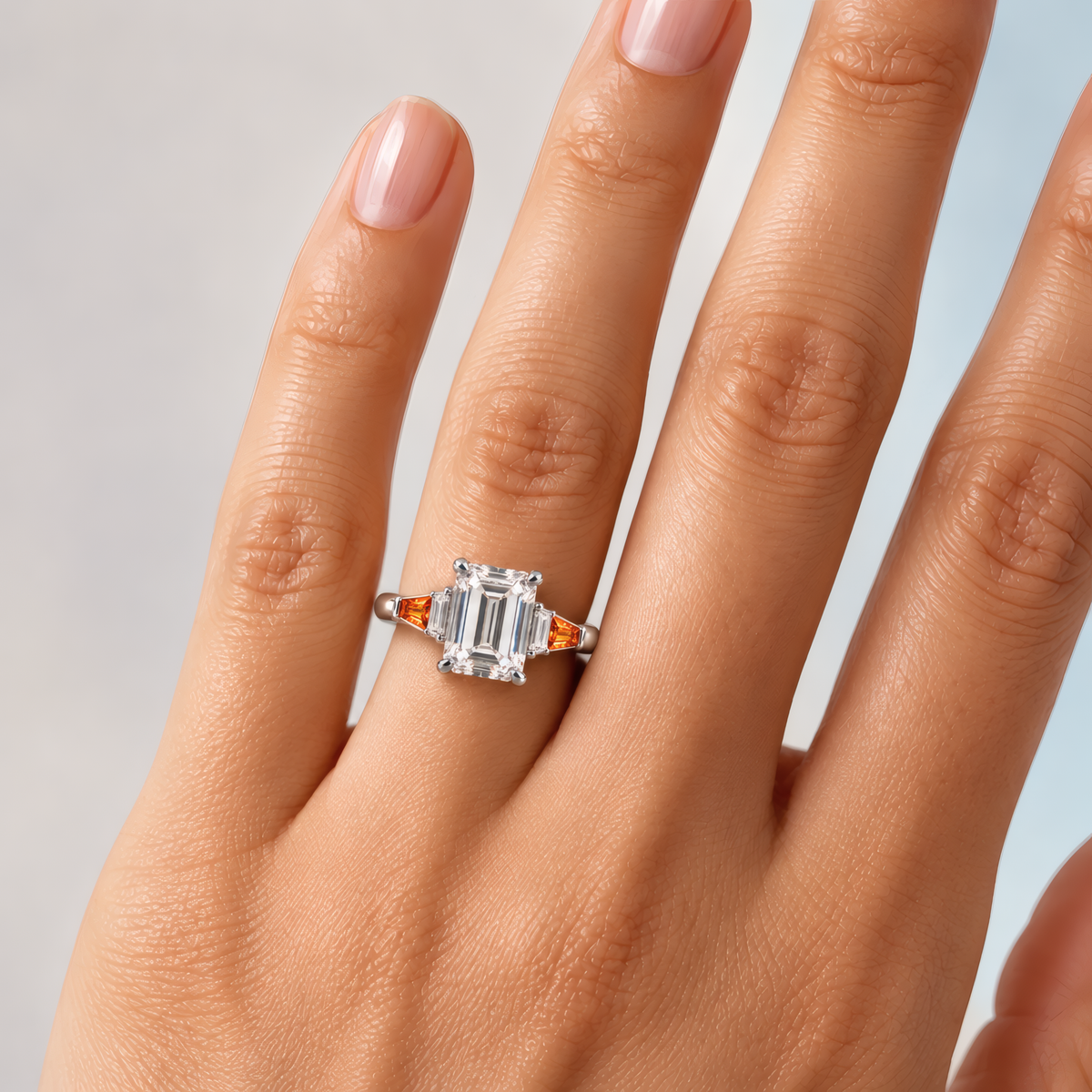 Delicate woman's left hand ring finger wearing a white gold engagement ring with emerald-cut diamond set in four classic prongs, framed by tapered amber baguettes and crisp diamond side stones that step down gracefully to a polished band.