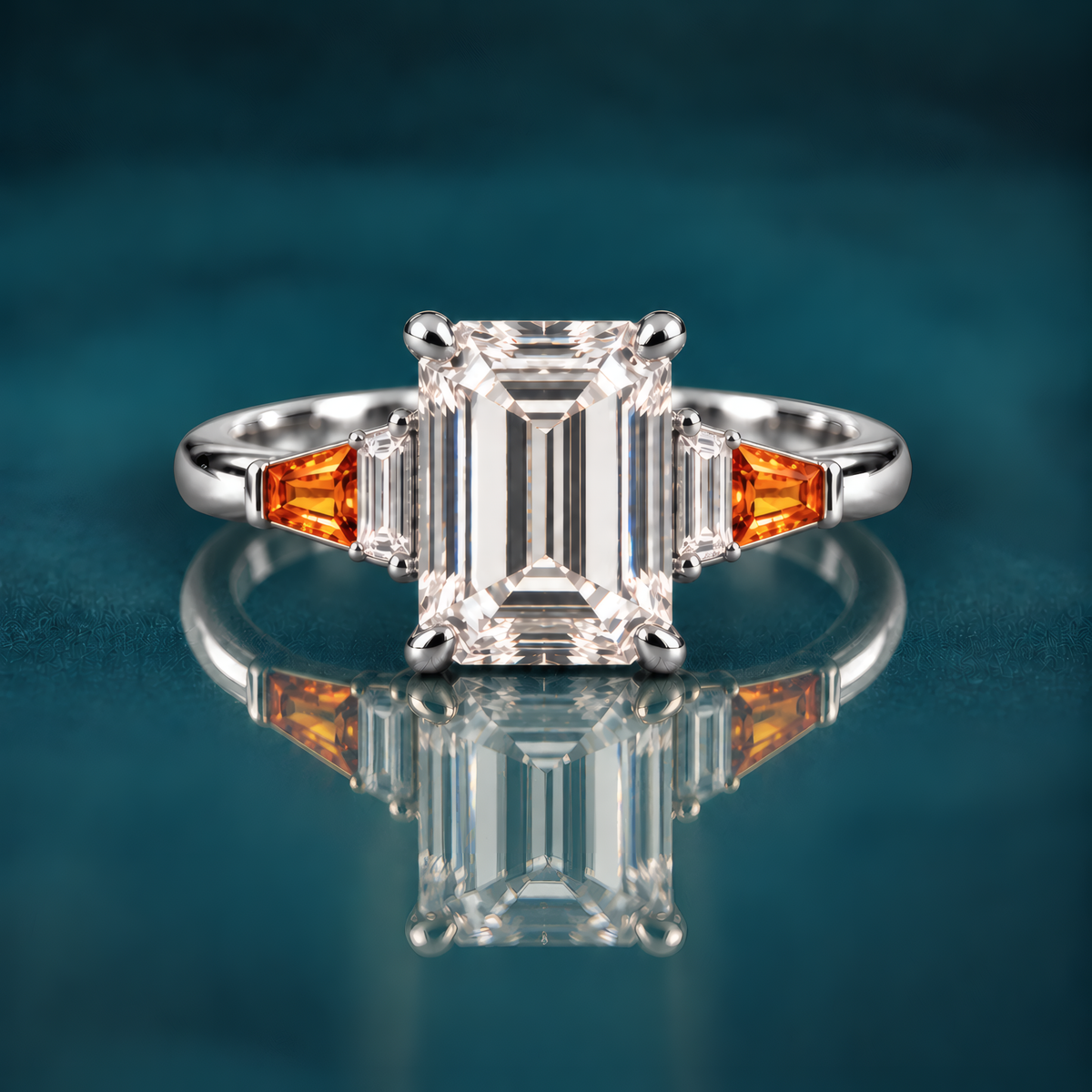 White gold engagement ring with emerald-cut diamond set in four classic prongs, framed by tapered amber baguettes and crisp diamond side stones that step down gracefully to a polished band.