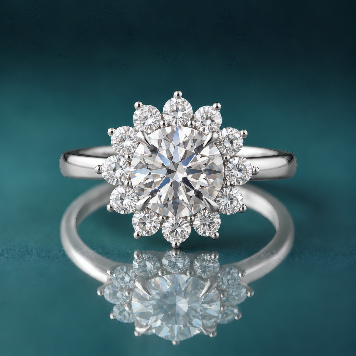 White gold starburst halo engagement ring with a round center diamond and claw prongs. Narrow polished gold shank.