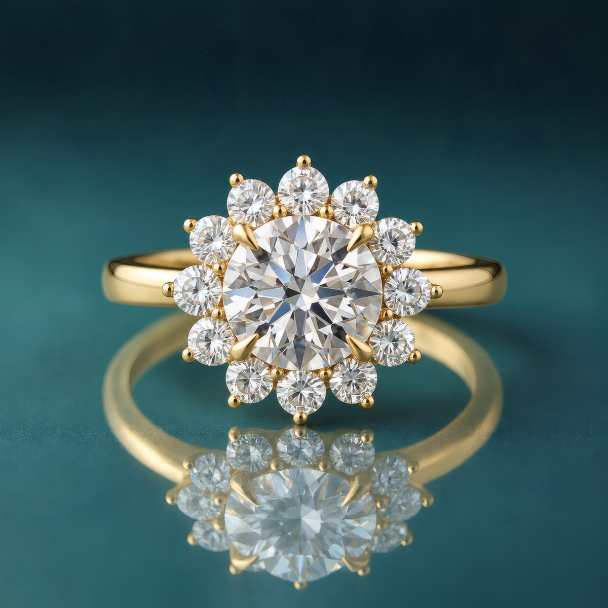 Gold starburst halo engagement ring with a round center diamond and claw prongs. Narrow polished gold shank.