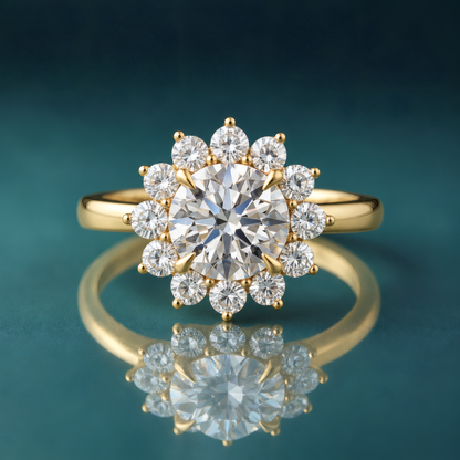 Gold starburst halo engagement ring with a round center diamond and claw prongs. Narrow polished gold shank.