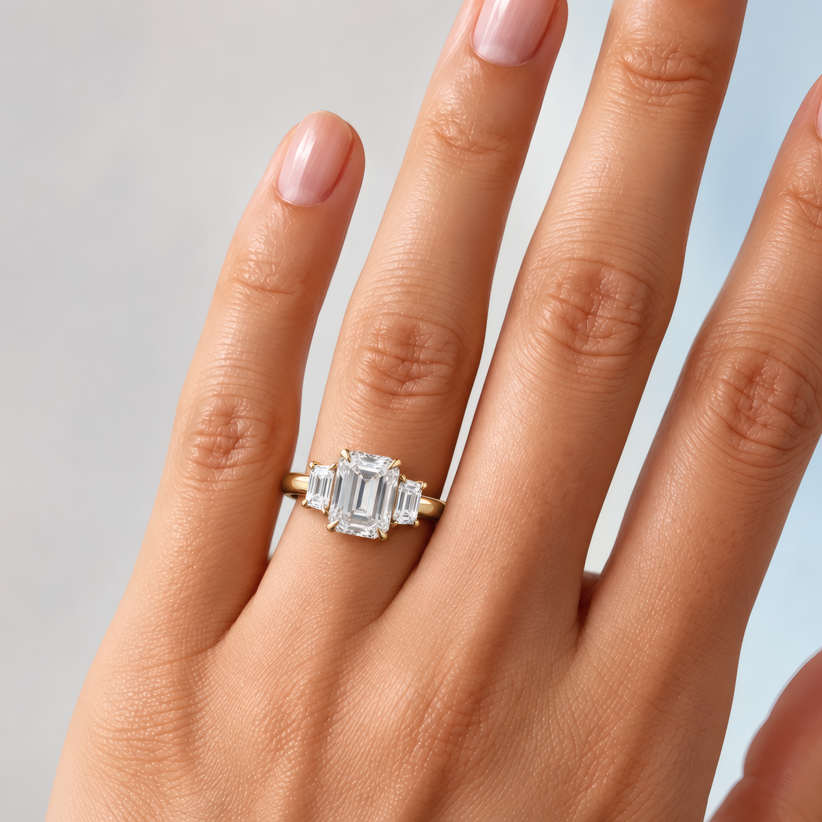 Delicate woman's left hand wearing a three-stone engagement ring on her ring finger. The ring has a large emerald-shaped diamond in the center and two smaller trapezoid-shaped diamonds.