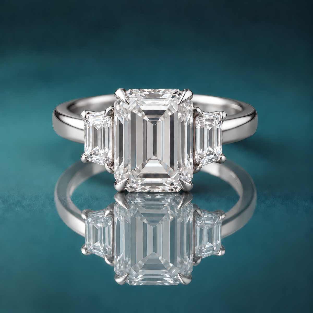 White gold three-stone engagement ring with a large emerald-shaped diamond in the center, flanked by two small trapezoid-shaped diamonds. The shank is slightly rounded and about 3mm wide.