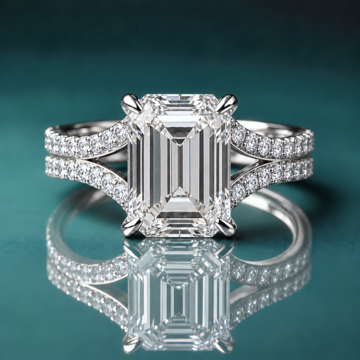 White gold emerald-shaped engagement ring with a split shank and accent diamonds.