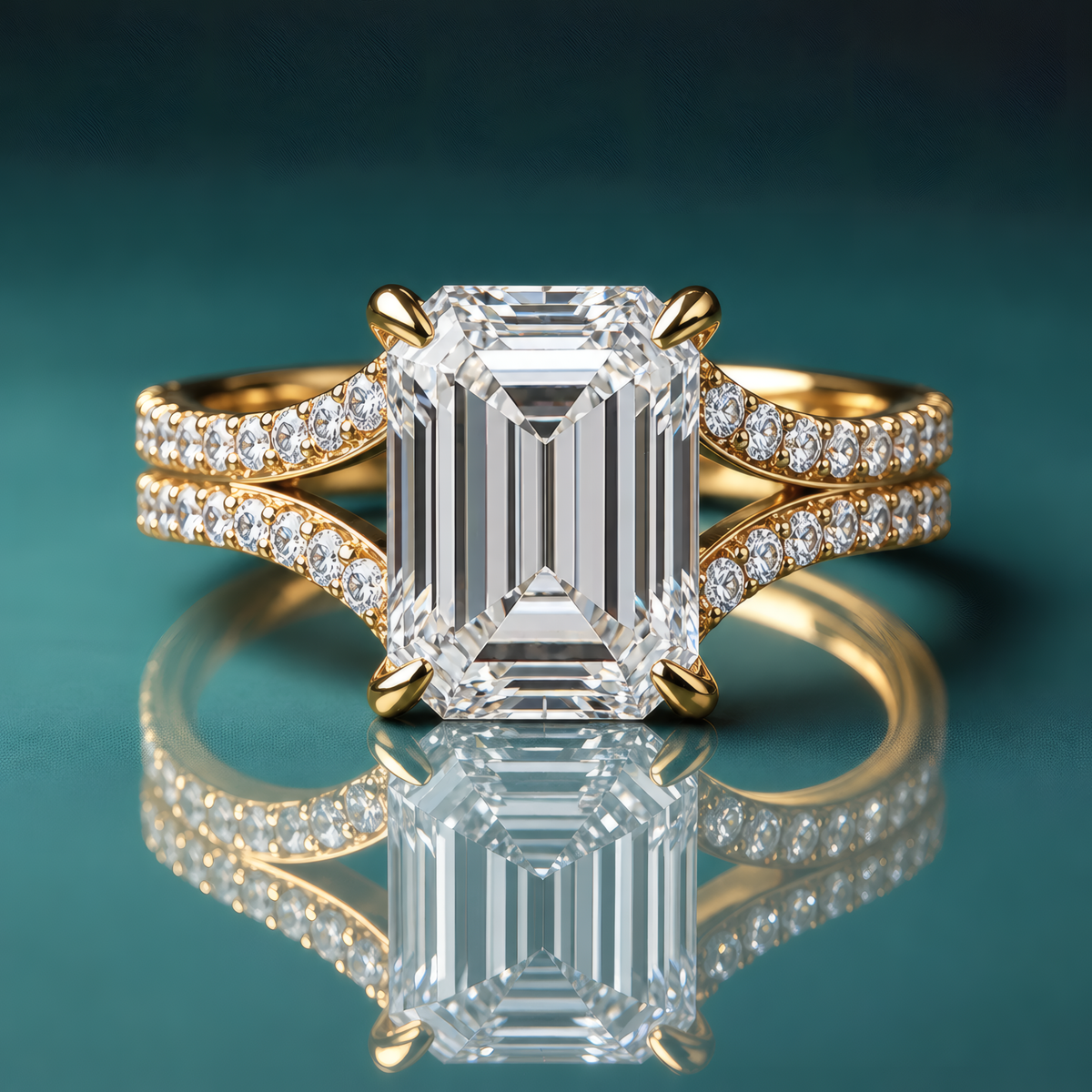 Gold emerald-shaped engagement ring with a split shank and accent diamonds.