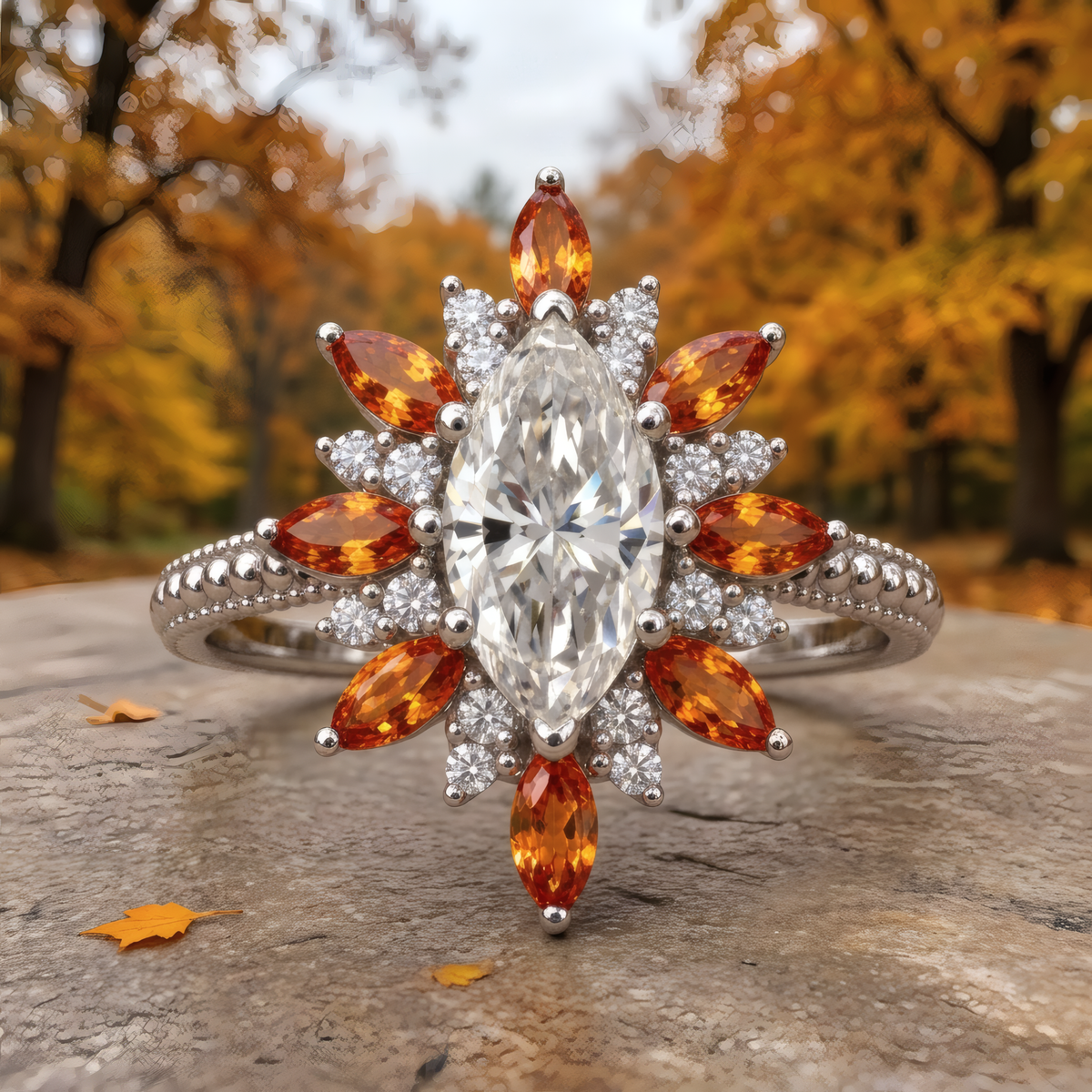Ella engagement ring in white gold with a marquise diamond and amber marquise sunburst halo, resting on a stone path in an autumn forest