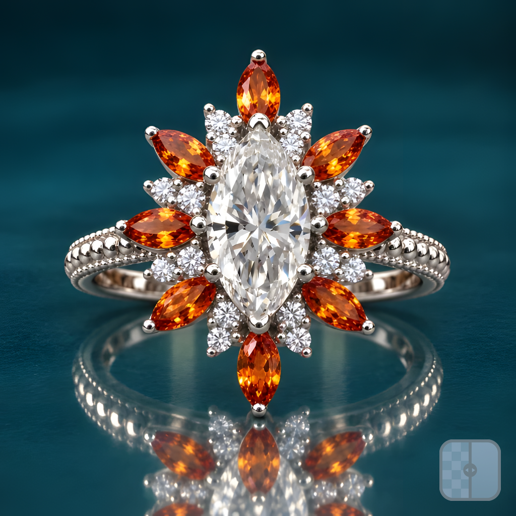 Ella engagement ring in white gold with a marquise diamond in a sunburst halo of amber marquise stones and round diamond clusters on a beaded band