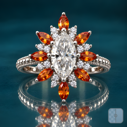 Ella engagement ring in white gold with a marquise diamond in a sunburst halo of amber marquise stones and round diamond clusters on a beaded band