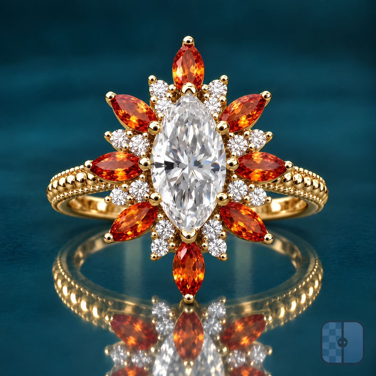 Ella engagement ring in yellow gold with a marquise diamond in a sunburst halo of amber marquise stones and round diamond clusters on a beaded band