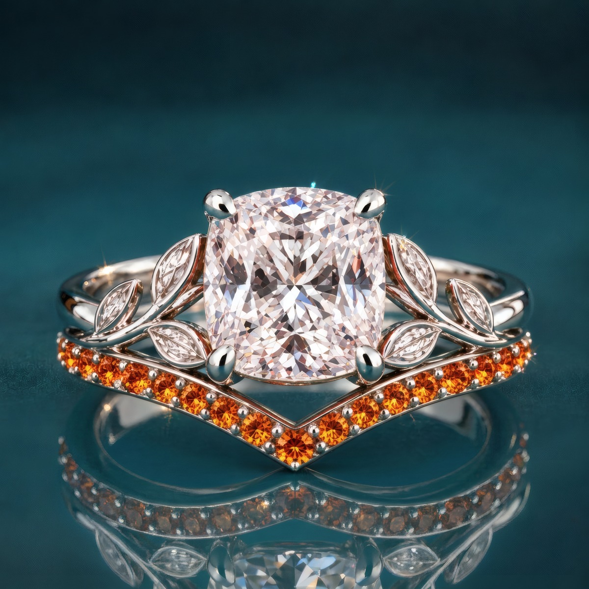 Ember is a white gold engagement ring with a cushion-shaped center diamond embraced by a vivid orange curved wedding band and sculpted leaf accents, all the warmth of fall in a single statement piece.