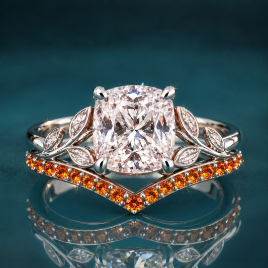 Ember is a white gold engagement ring with a cushion-shaped center diamond embraced by a vivid orange curved wedding band and sculpted leaf accents, all the warmth of fall in a single statement piece.