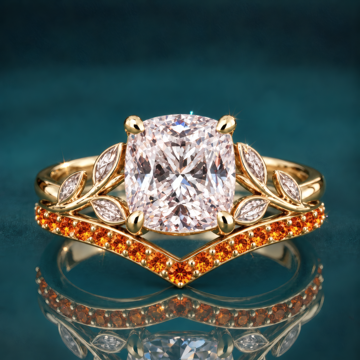 Ember is a gold engagement ring with a cushion-shaped center diamond embraced by a vivid orange curved wedding band and sculpted leaf accents, all the warmth of fall in a single statement piece.