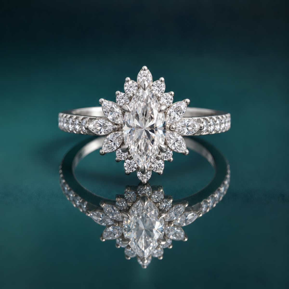 White gold marquise halo engagement ring with accent diamonds on band