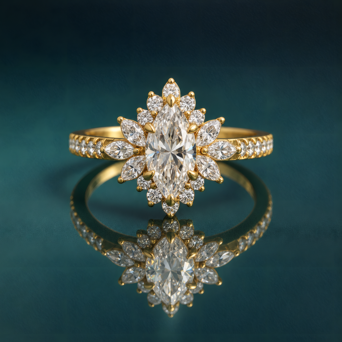 Gold marquise halo engagement ring with accent diamonds on band