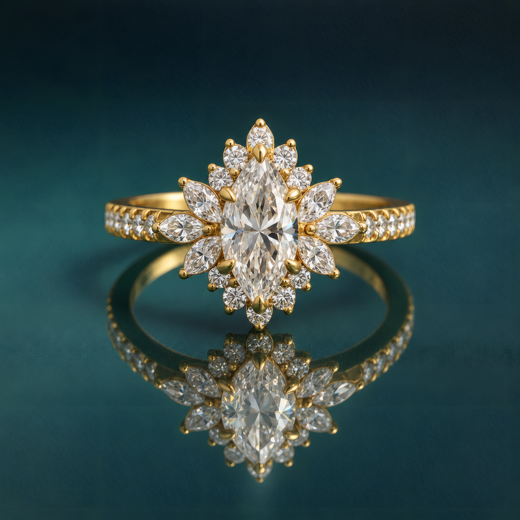 Gold marquise halo engagement ring with accent diamonds on band