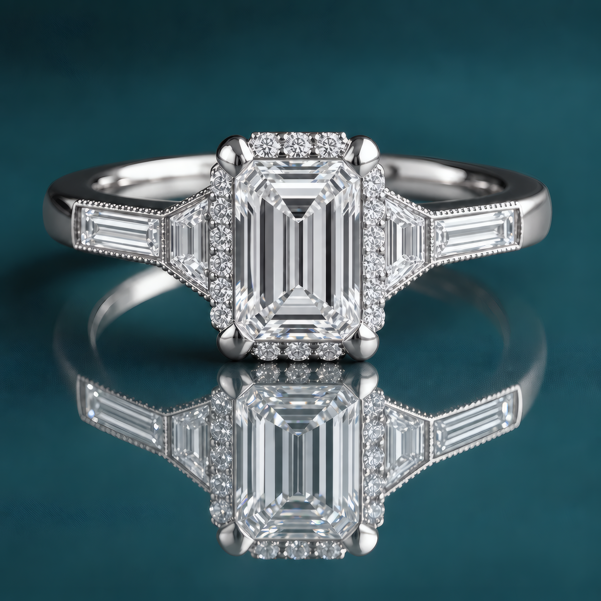 Unique white gold halo engagement ring with an emerald-shaped center diamond, a halo of small round diamonds, then a trapezoid and straight baguette on each side of the shank. These are surrounded by milgrain on all sides.