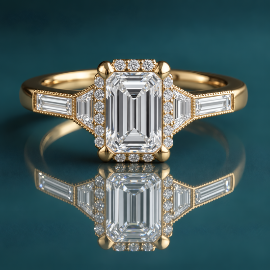 Unique gold halo engagement ring with an emerald-shaped center diamond, a halo of small round diamonds, then a trapezoid and straight baguette on each side of the shank. These are surrounded by milgrain on all sides.