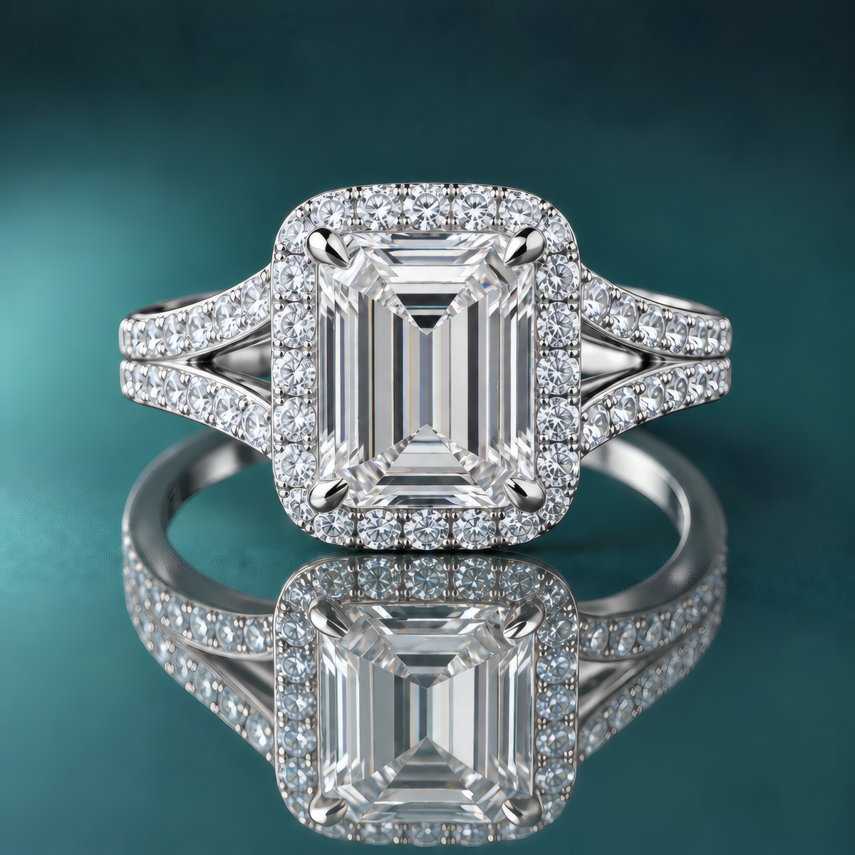 White gold halo engagement ring with an emerald-shaped center diamond and a split shank set with small diamonds