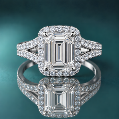 White gold halo engagement ring with an emerald-shaped center diamond and a split shank set with small diamonds