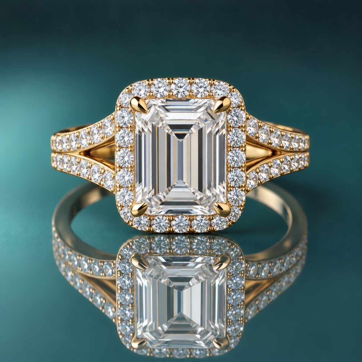 Gold halo engagement ring with an emerald-shaped center diamond and a split shank set with small diamonds