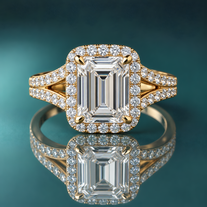 Gold halo engagement ring with an emerald-shaped center diamond and a split shank set with small diamonds