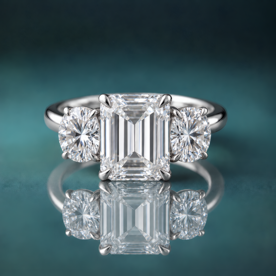 A white gold three-stone diamond ring featuring a central emerald-cut diamond flanked by two round-cut diamonds.