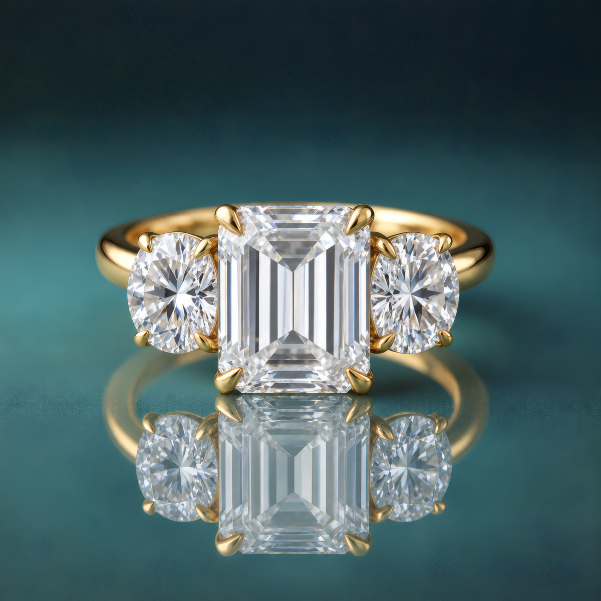 A gold three-stone diamond ring featuring a central emerald-cut diamond flanked by two round-cut diamonds.