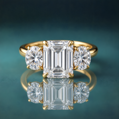 A gold three-stone diamond ring featuring a central emerald-cut diamond flanked by two round-cut diamonds.