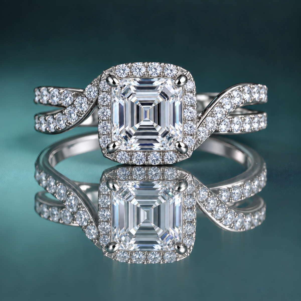 White gold asscher diamond halo engagement ring with unique diamond-accented split shank.