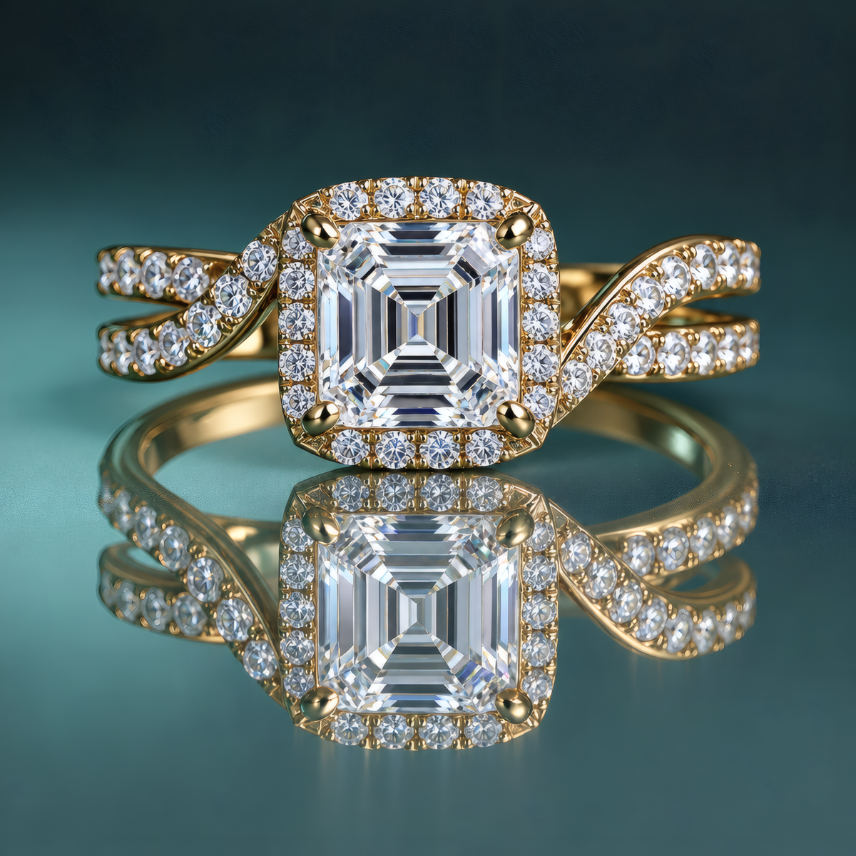 Gold asscher diamond halo engagement ring with unique diamond-accented split shank.