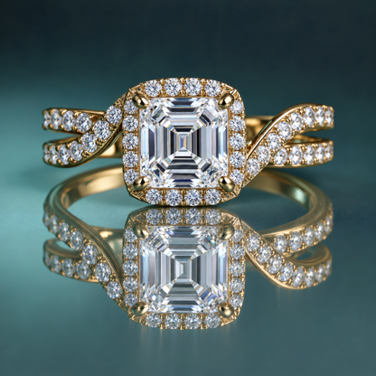 Gold asscher diamond halo engagement ring with unique diamond-accented split shank.