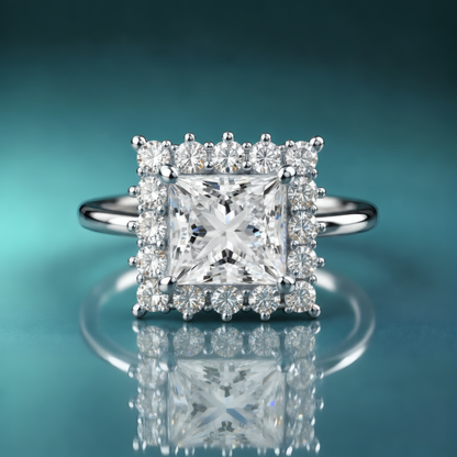 White gold princess halo engagement ring