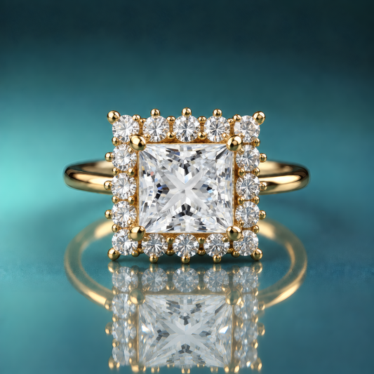 Gold princess halo engagement ring