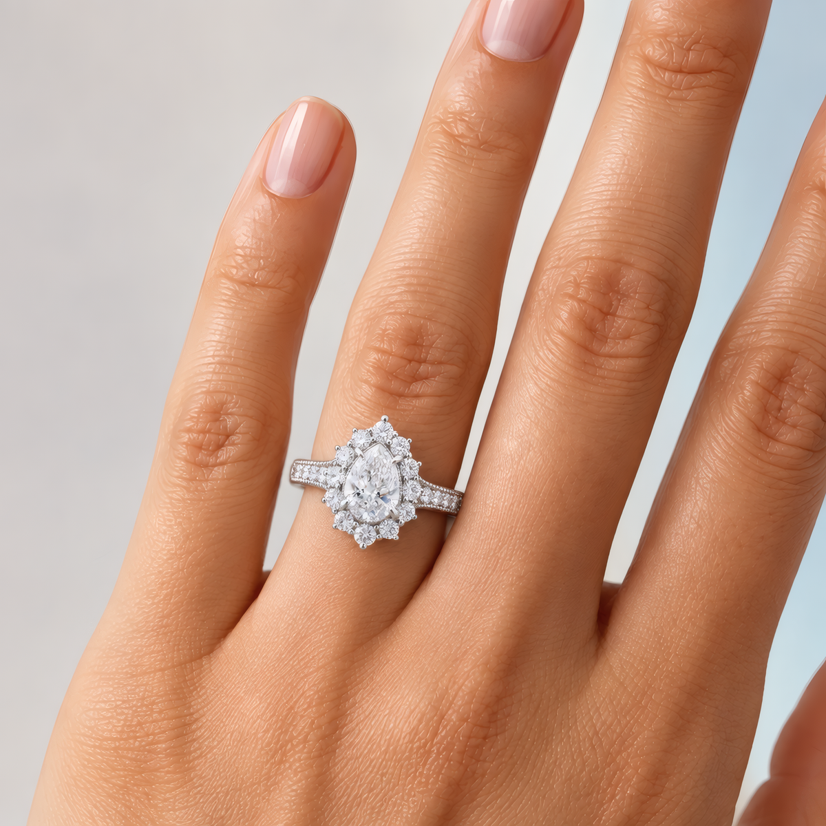 Delicate woman's left hand wearing a pear-shaped diamond halo engagement ring on the ring finger
