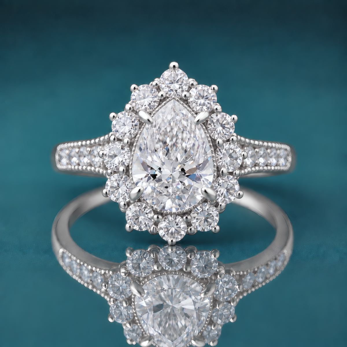 White gold pear-shaped halo engagement ring with accent diamonds and milgrain on the shank.