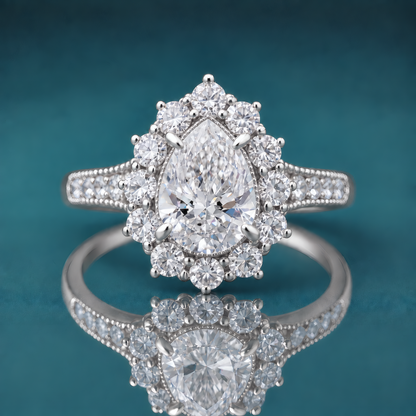 White gold pear-shaped halo engagement ring with accent diamonds and milgrain on the shank.