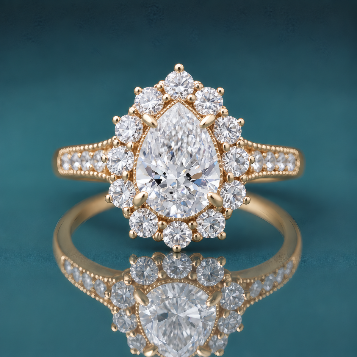 Gold pear-shaped halo engagement ring with accent diamonds and milgrain on the shank.