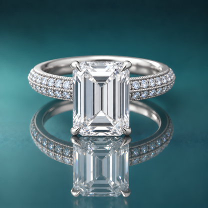White gold vintage engagement ring with emerald-shaped diamond and milgrain side diamonds