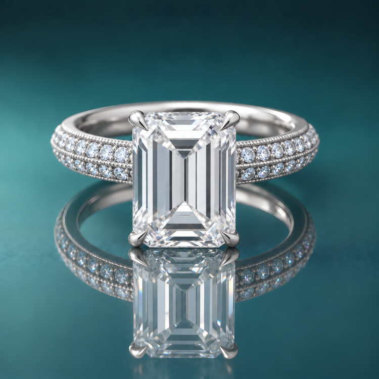 White gold vintage engagement ring with emerald-shaped diamond and milgrain side diamonds