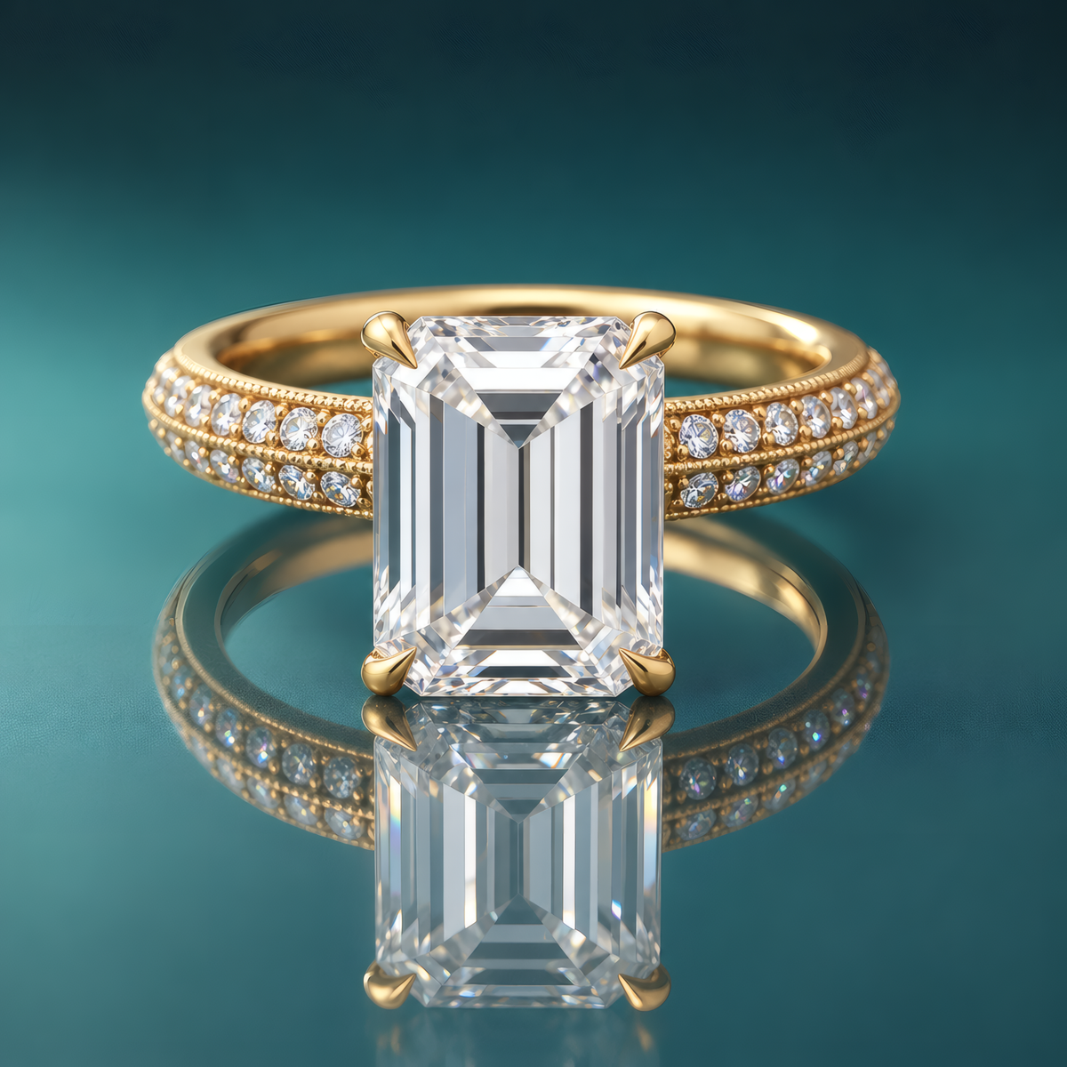 Gold vintage engagement ring with emerald-shaped diamond and milgrain side diamonds