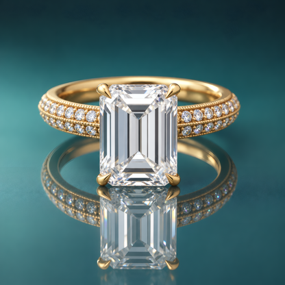 Gold vintage engagement ring with emerald-shaped diamond and milgrain side diamonds