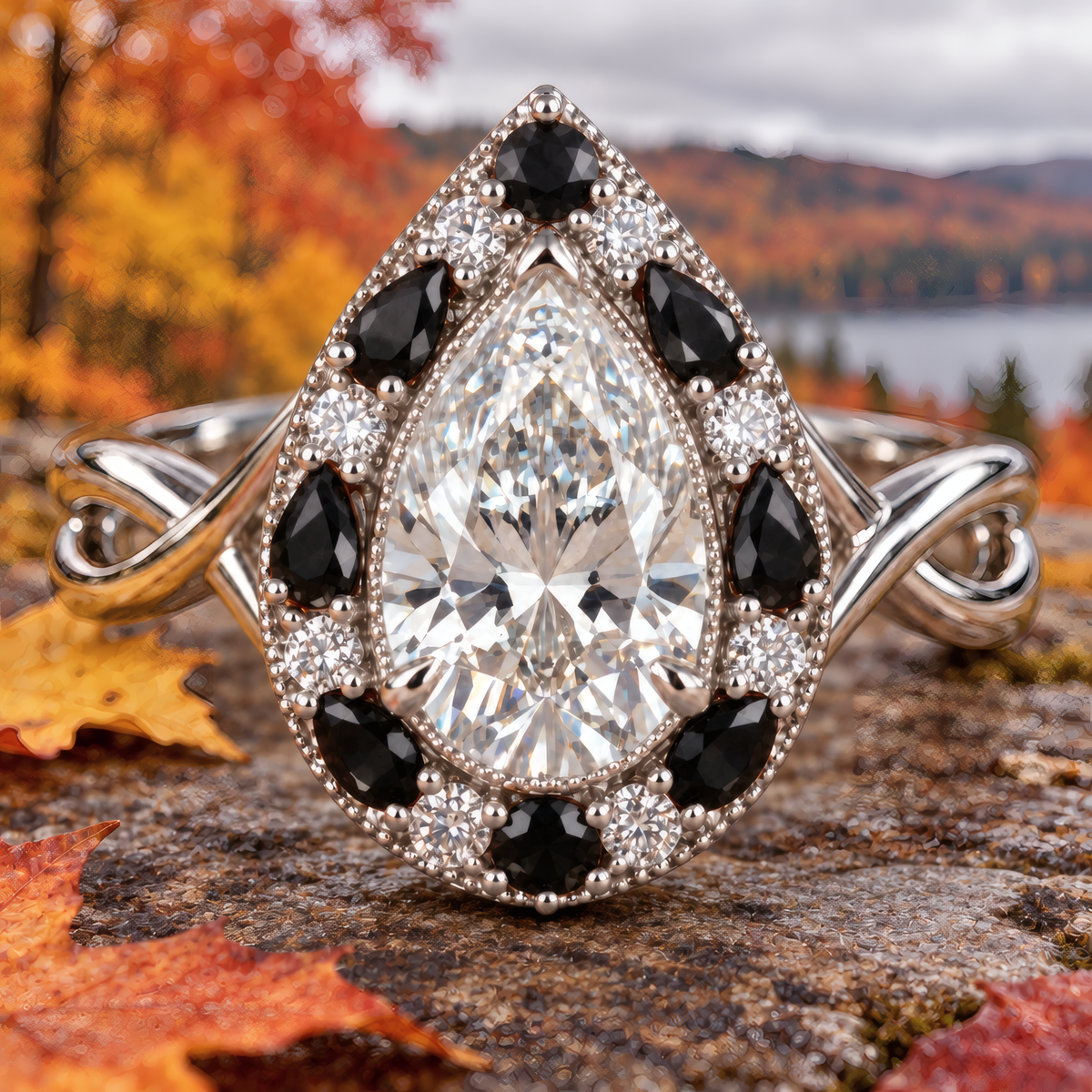 Kai engagement ring in white gold with a pear-shaped diamond and black pear-shaped halo, resting on a stone with autumn trees and a lake behind