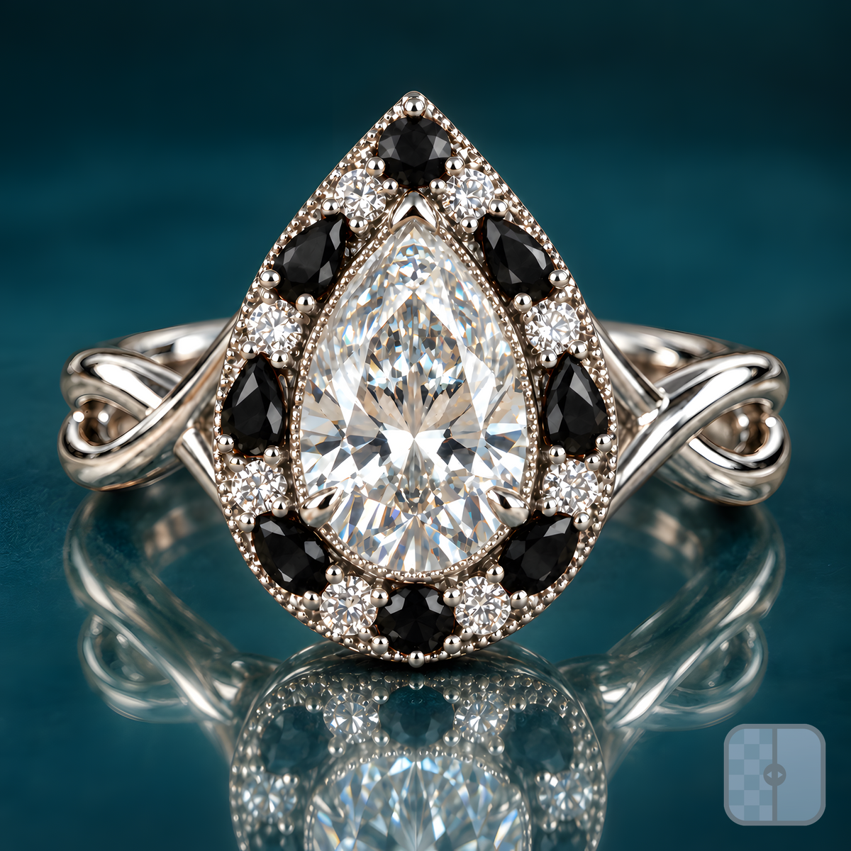 Kai engagement ring in white gold with a pear-shaped diamond in a milgrain halo of black pear-shaped stones and round diamonds on a twisted band