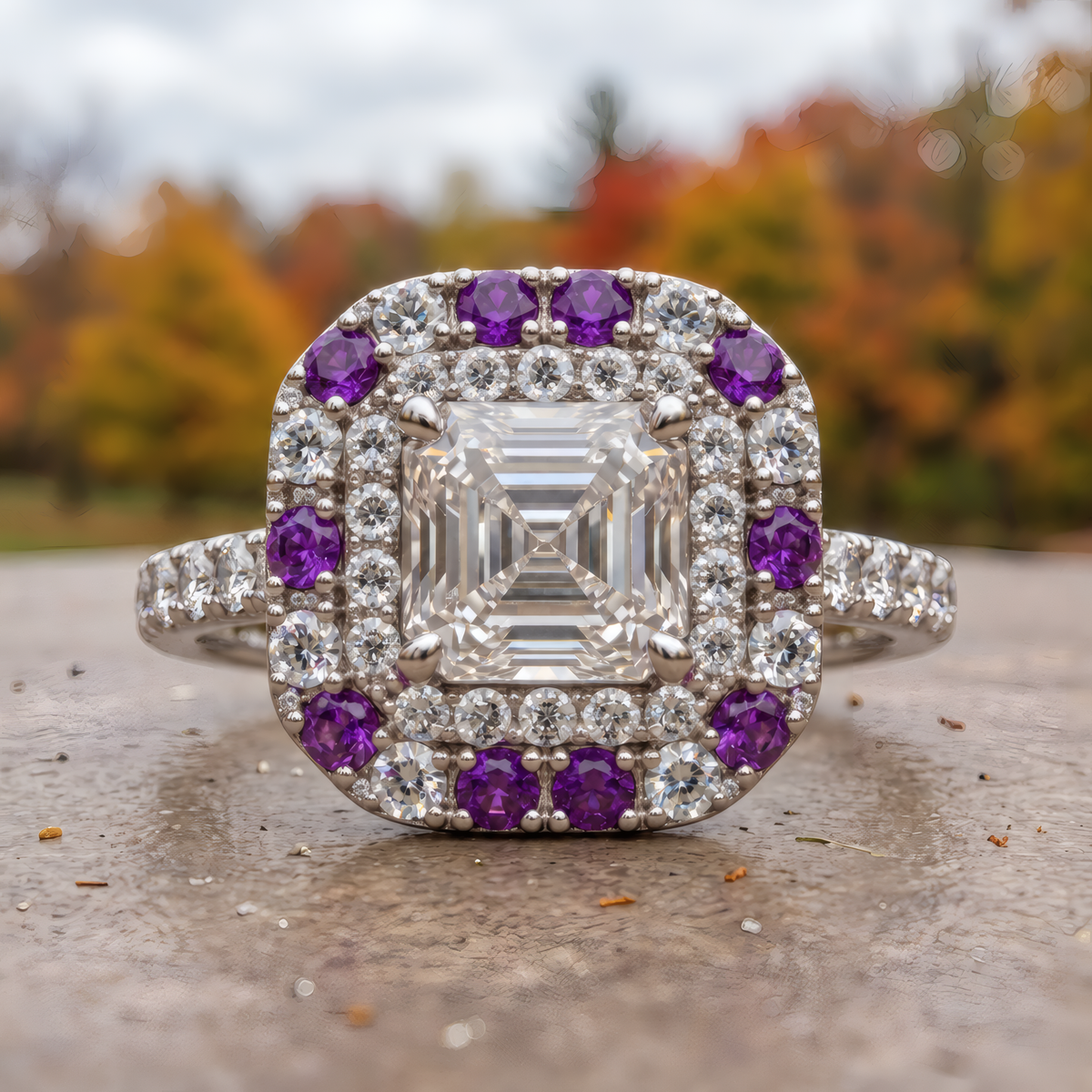 Kea engagement ring in white gold with an Asscher-cut diamond and purple-accented double halo, resting on a stone with autumn trees behind
