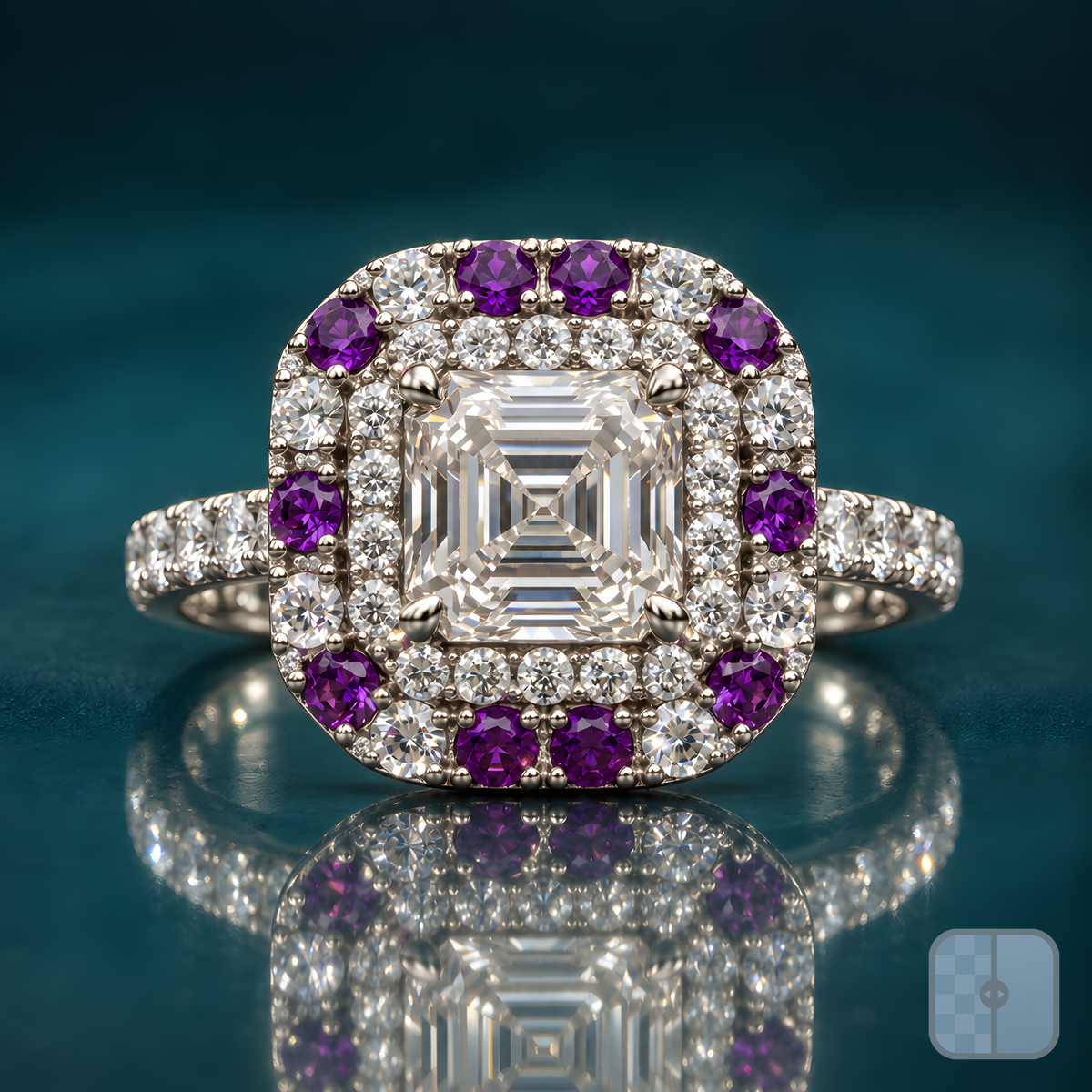 Kea engagement ring in white gold with an Asscher-cut diamond in a double cushion halo of diamonds and purple round stones on a pavé band